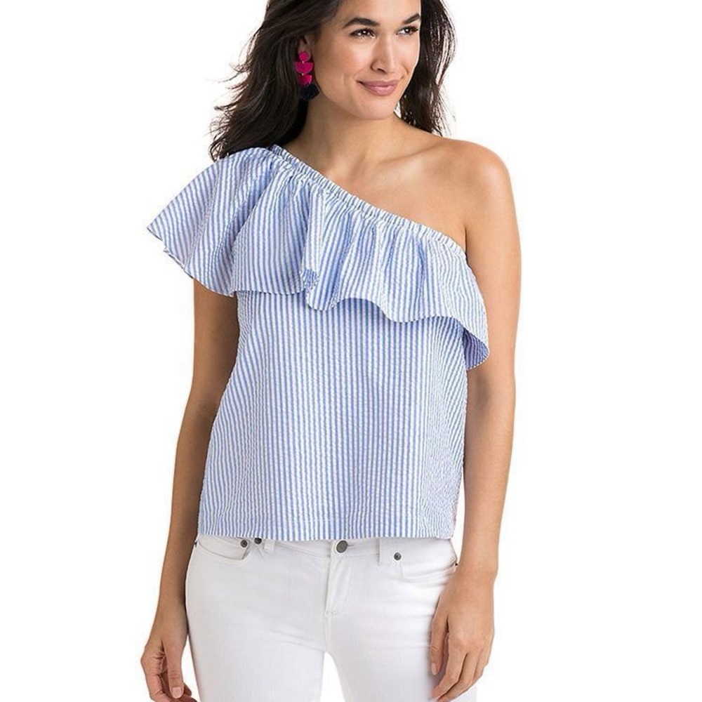 VINEYARD VINES WOMEN'S SEERSUCKER ONE SHOULDER RUFFLE TOP